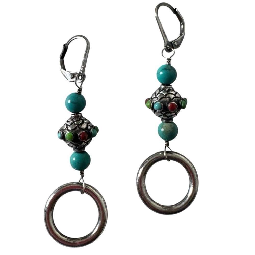 Sundance 925 Sterling Silver Turquoise Drop Hoop Earrings